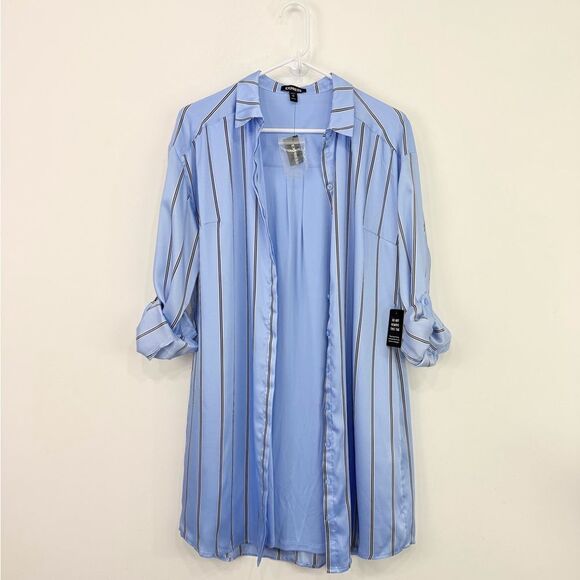 Express Light Blue Black Vertical Stripe Tab Sleeve Collared Shirt Dress NEW - Picture 7 of 15